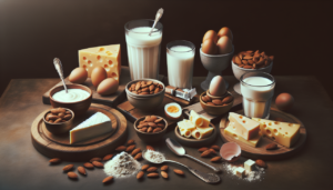 Create an image showcasing various snack options that can provide 20 grams of protein. This could include foods like a handful of almonds, Greek yogurt, a hard-boiled egg, cheese slices, a protein bar, a scoop of protein powder in milk or a smoothie etc.