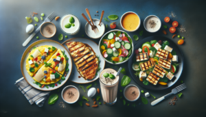 Create an image that shows multiple meal options to achieve 30 grams of protein per meal. This could include meals like an omelet with vegetables and cheese, a salad with grilled chicken, a protein shake with a scoop of protein powder, a tofu stir-fry, etc.