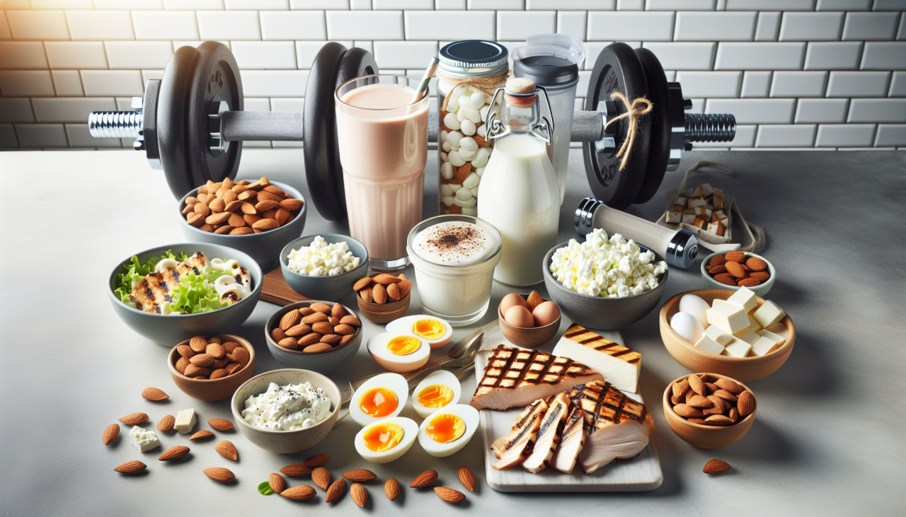 Create an image illustrating post-workout recovery foods that are quick to prepare and high in protein for muscle recovery. The image should include visual representation of various protein-rich foods which can be prepared quickly.