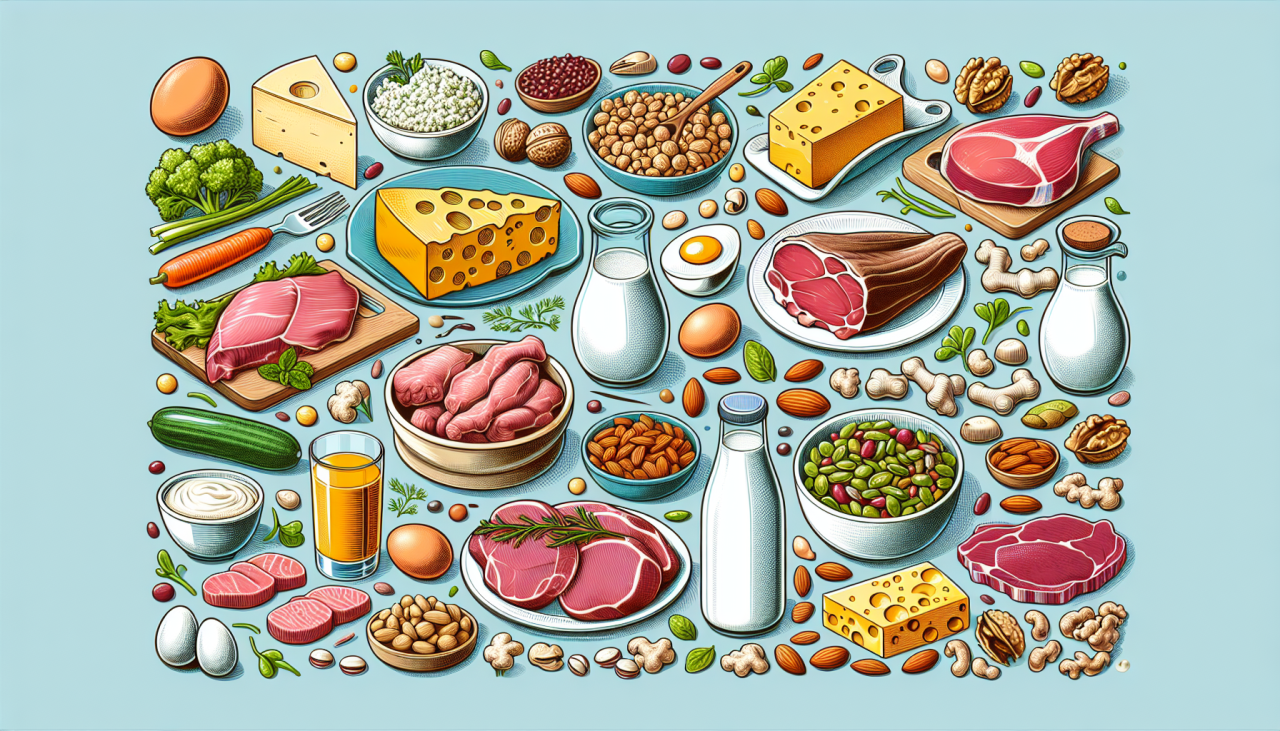 Create an image that showcases the top 20 protein foods. This might include a variety of meats, dairy products, beans, nuts, and seeds.