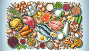 Create an image that shows a variety of foods that are high in protein. These foods could include poultry, seafood, dairy products, eggs, and legumes, presented in a visually appealing manner to emphasize their high protein content.